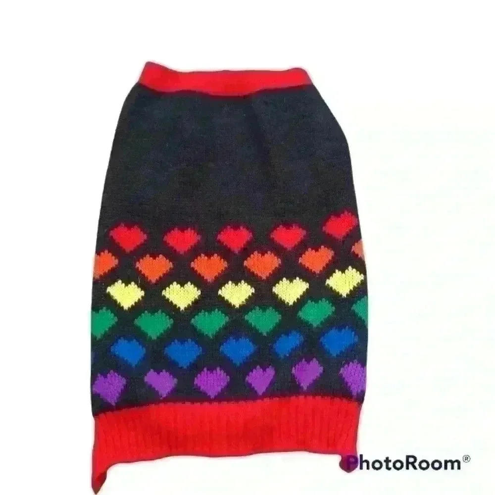 Cozy Knit Rainbow Heart Print Dog Sweater L